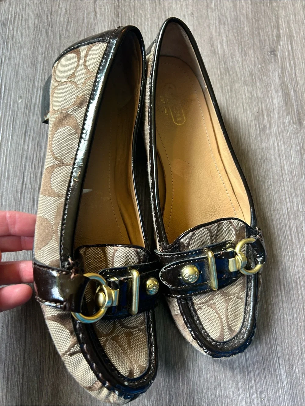 Coach Brown Signature Canvas Flats with Black Patent Trim and Gold Hardware